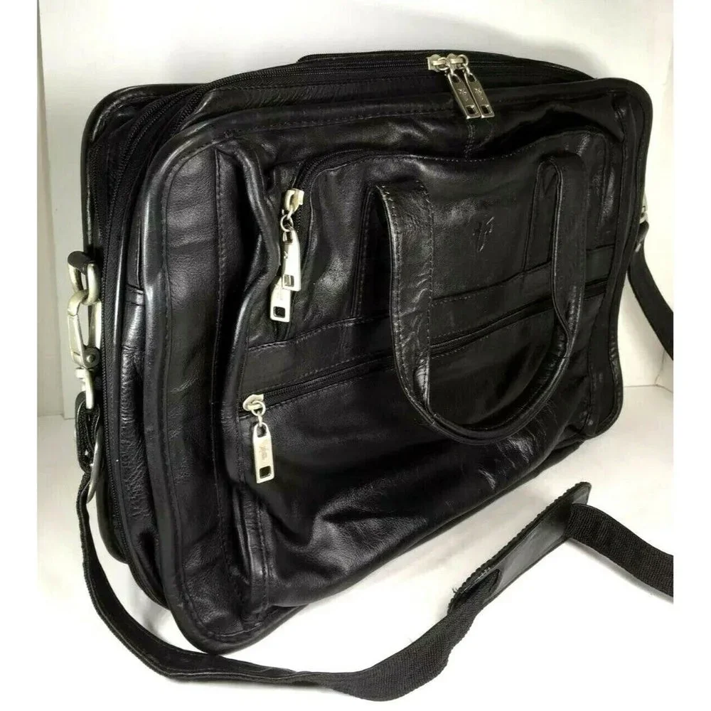 Frye Black Leather Multi Compartment Laptop Briefcase Bag